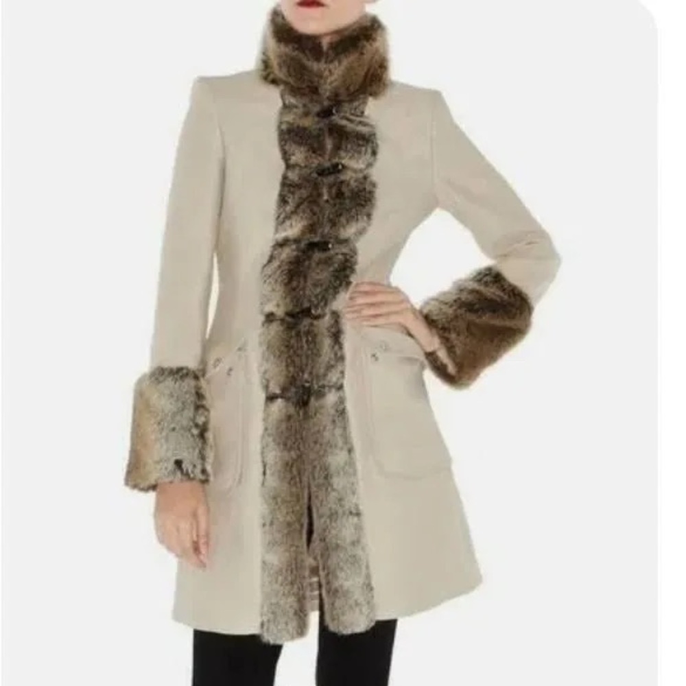 Karen Millen Tan Coat with Faux Fur Trim